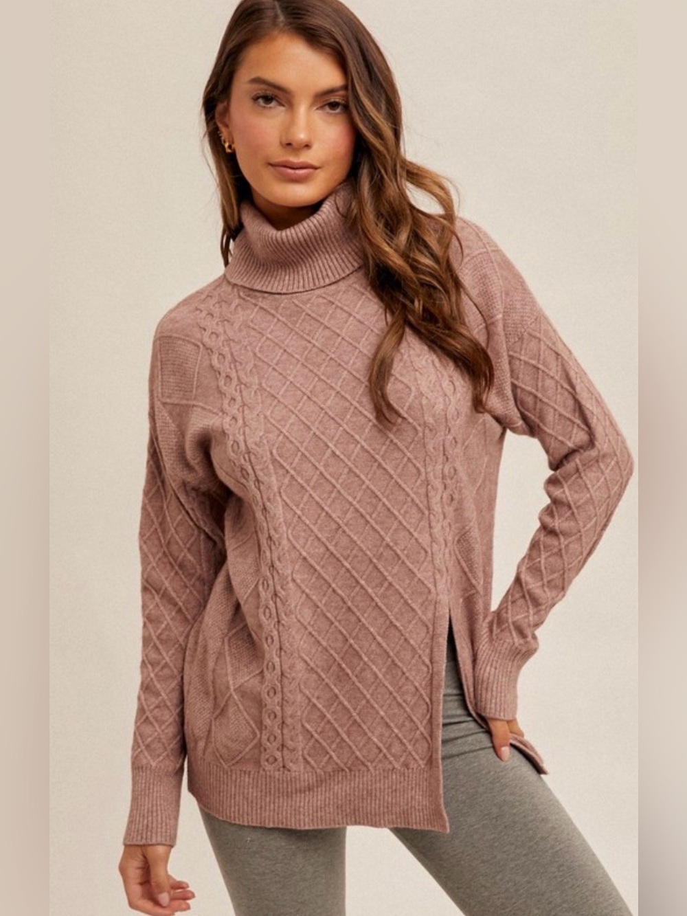 Cozy Cable Knit Turtleneck Sweater - Dusty Mauve